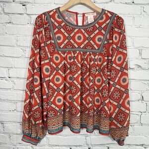 Flying Tomato Boho Popover Tunic Geometric Print Peasant‎ Top M Long Sleeve